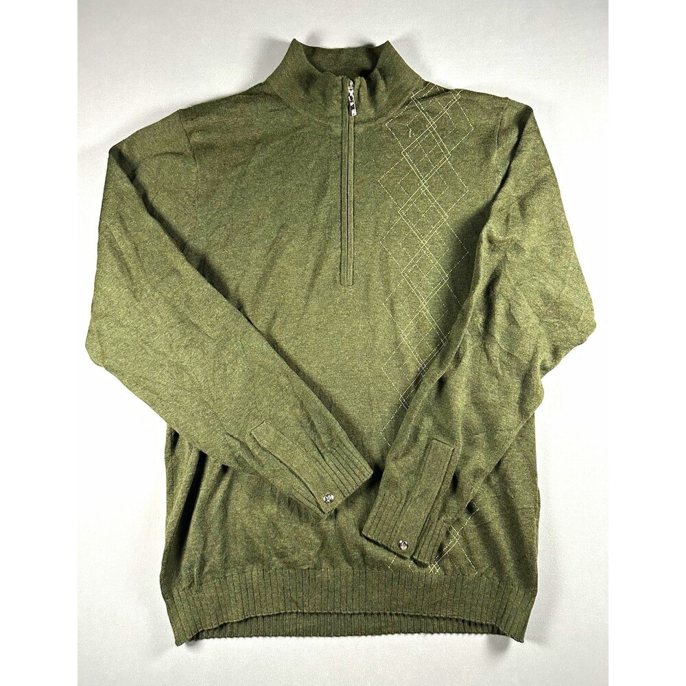 Tiger Woods Men's Green Cotton Knit 1/4 Zip Mock Neck Argyle Sweater S